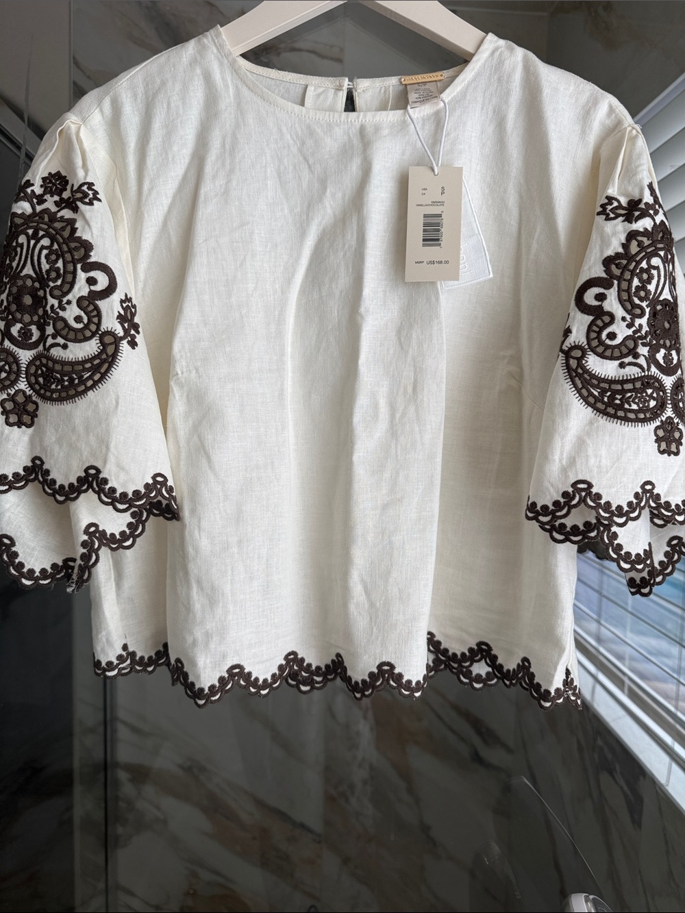magaschoni🤎 Ivory Blouse with Brown Embroidered Sleeves